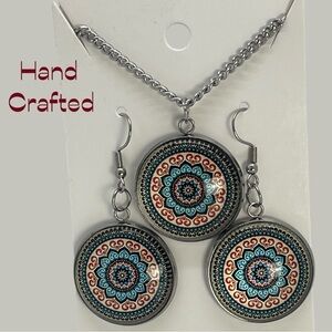 Hand Crafted Red Blue White Mandala Boho Pendant Necklace Earrings Set NWT OS
